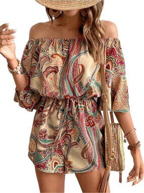 Women's Beige Boho Elastic Waist Shorts Off The Shoulder Imported Romper